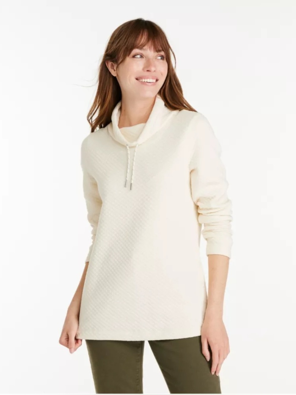 LL Bean SoftLight Quilted Top Funnelneck Pullover‎ Women’s SP Cream Minimalist